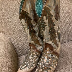 Corral Brown and Green Western Boots with Intricate Accents.